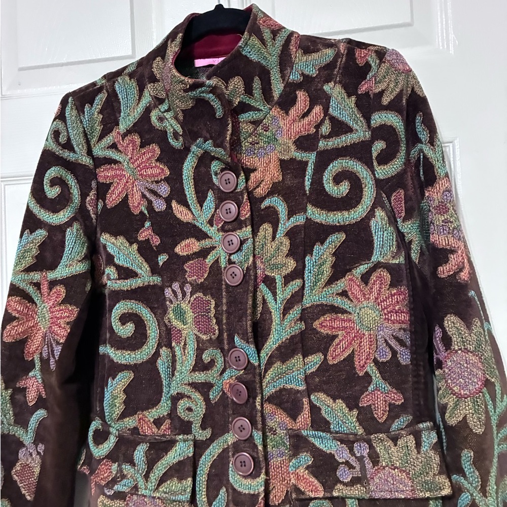 Embroidered Floral Brown Women's Jacket with Multicolor Accents